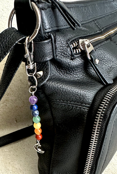 7 Chakra Crystal Gemstone Bag Charm Keychain - Choose Silver Lotus, Moon, Om Charm