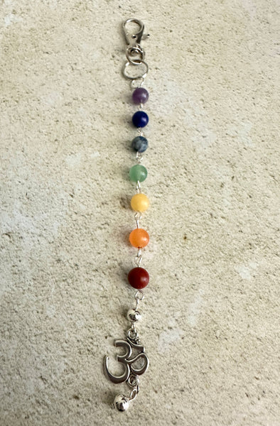 7 Chakra Crystal Gemstone Bag Charm Keychain with Silver Om