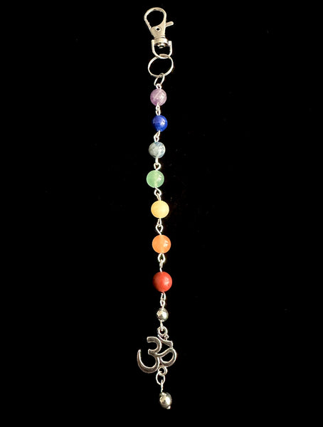 7 Chakra Crystal Gemstone Bag Charm Keychain with Silver Om