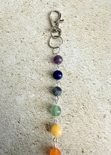 7 Chakra Crystal Gemstone Bag Charm Keychain with Silver Om