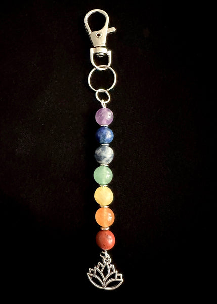 7 Chakra Crystal Gemstone Bag Charm Keychain - Choose Silver Lotus, Moon, Om Charm