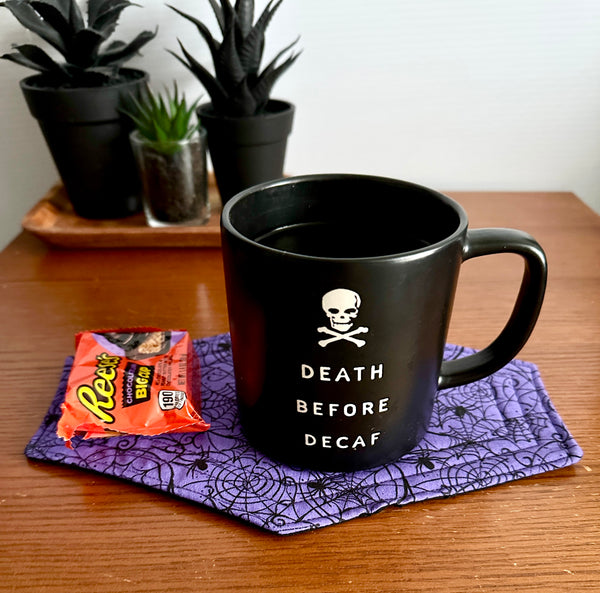 Spiderweb Coffin Mug Rug - Halloween Coffee Coaster