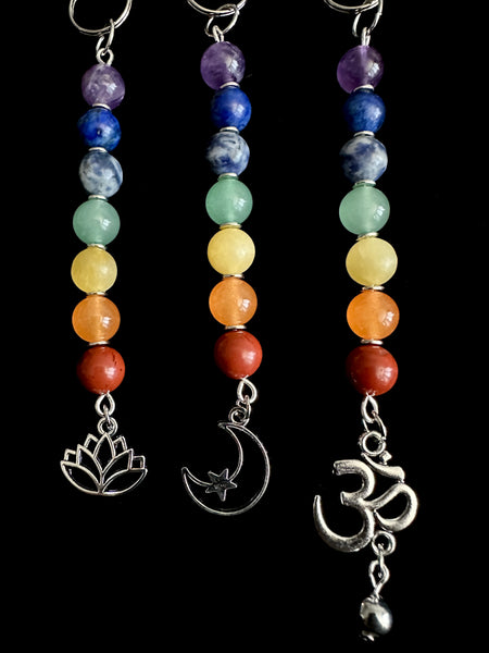 7 Chakra Crystal Gemstone Bag Charm Keychain - Choose Silver Lotus, Moon, Om Charm