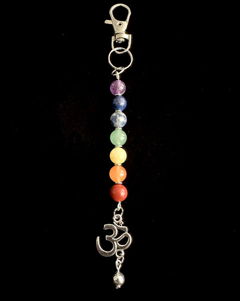 7 Chakra Crystal Gemstone Bag Charm Keychain - Choose Silver Lotus, Moon, Om Charm