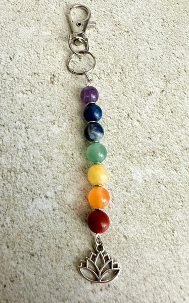 7 Chakra Crystal Gemstone Bag Charm Keychain - Choose Silver Lotus, Moon, Om Charm