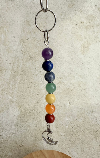 7 Chakra Crystal Gemstone Bag Charm Keychain - Choose Silver Lotus, Moon, Om Charm
