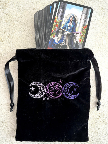 Triple Moon Black Velvet Embroidered Tarot and Oracle Card Bag With Satin Lining