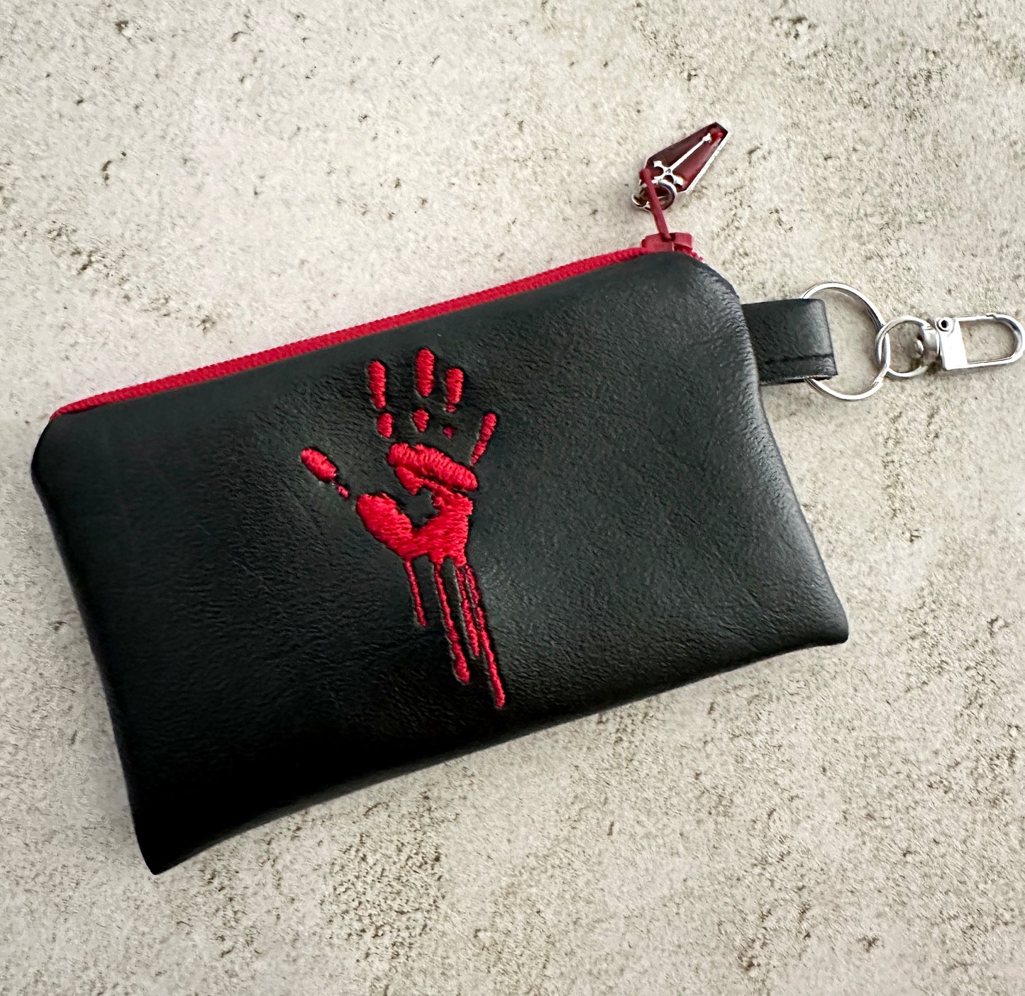 Bloody Handprint Vinyl Zipper Pouch – Horror Lover Gift for Cash, Cards & Earbuds