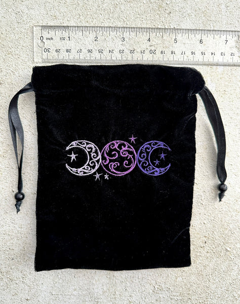 Triple Moon Black Velvet Embroidered Tarot and Oracle Card Bag With Satin Lining