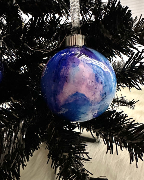 Hand Painted Glass Alcohol Ink Christmas Ornament – Purple Blue Pink White