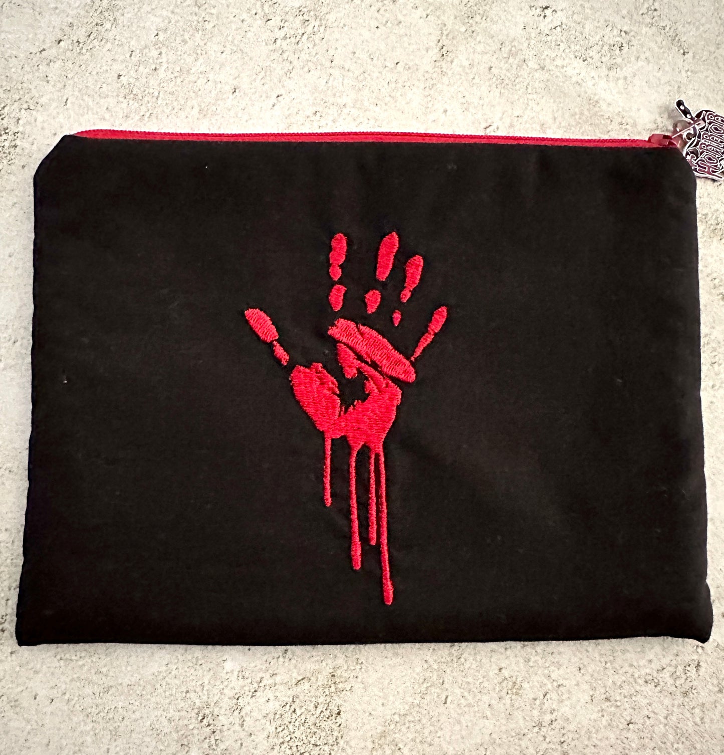 Bloody Handprint Embroidered Zipper Pouch – Horror Lover Cosmetic Bag & True Crime Gift