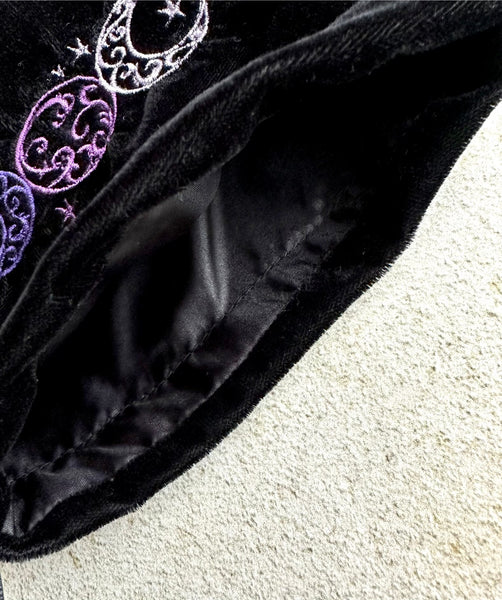 Triple Moon Black Velvet Embroidered Tarot and Oracle Card Bag With Satin Lining