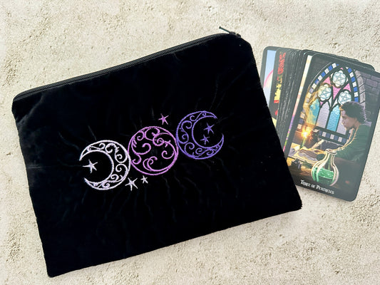 Witchy Triple Moon Embroidered Velvet Tarot Bag With Zipper & Satin Lining
