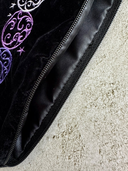 Witchy Triple Moon Embroidered Velvet Tarot Bag With Zipper & Satin Lining