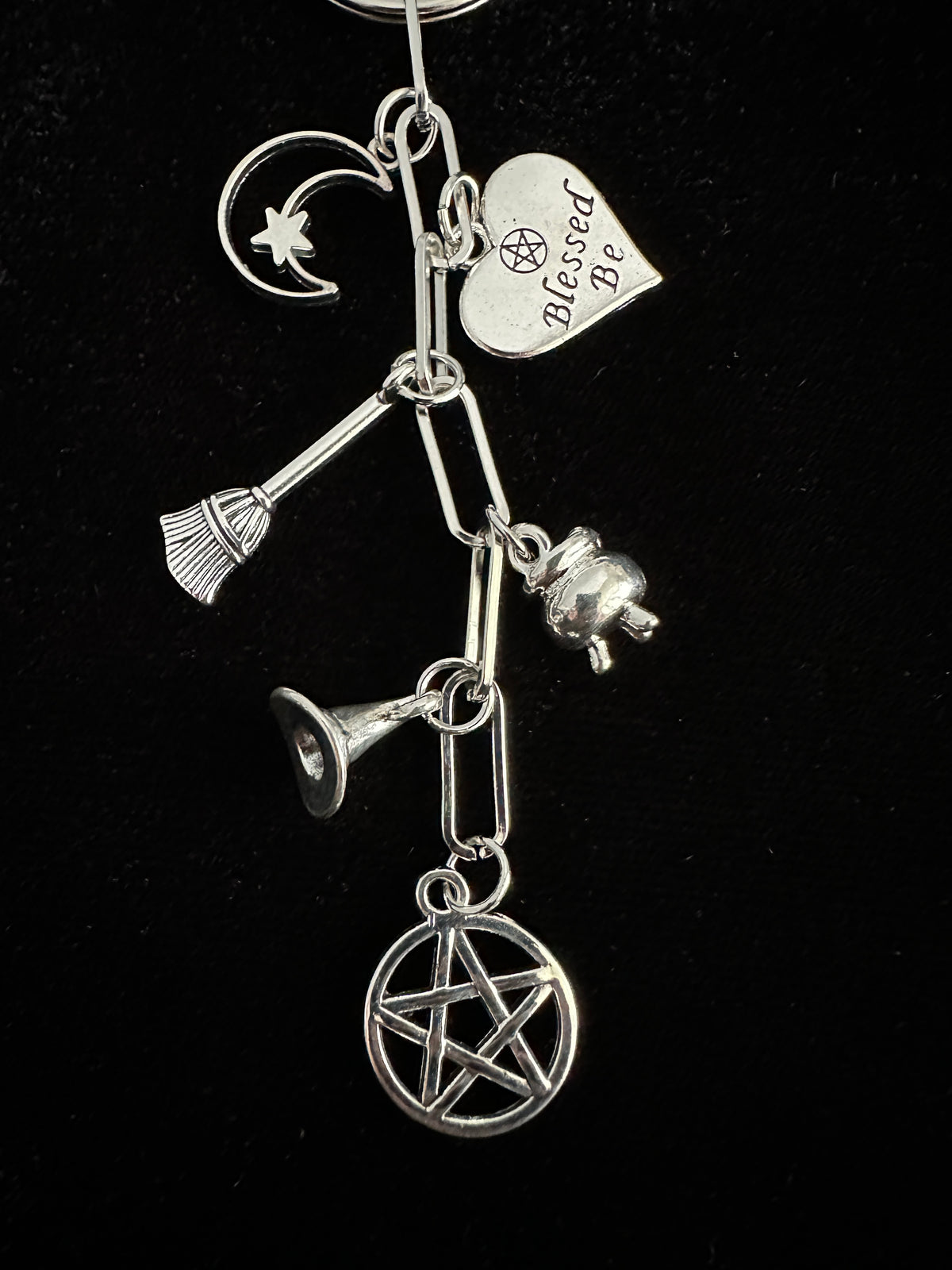 Witchy Bag Charm Keychain – Silver Pentacle, Moon, Witch Hat & Star Charm for Witches