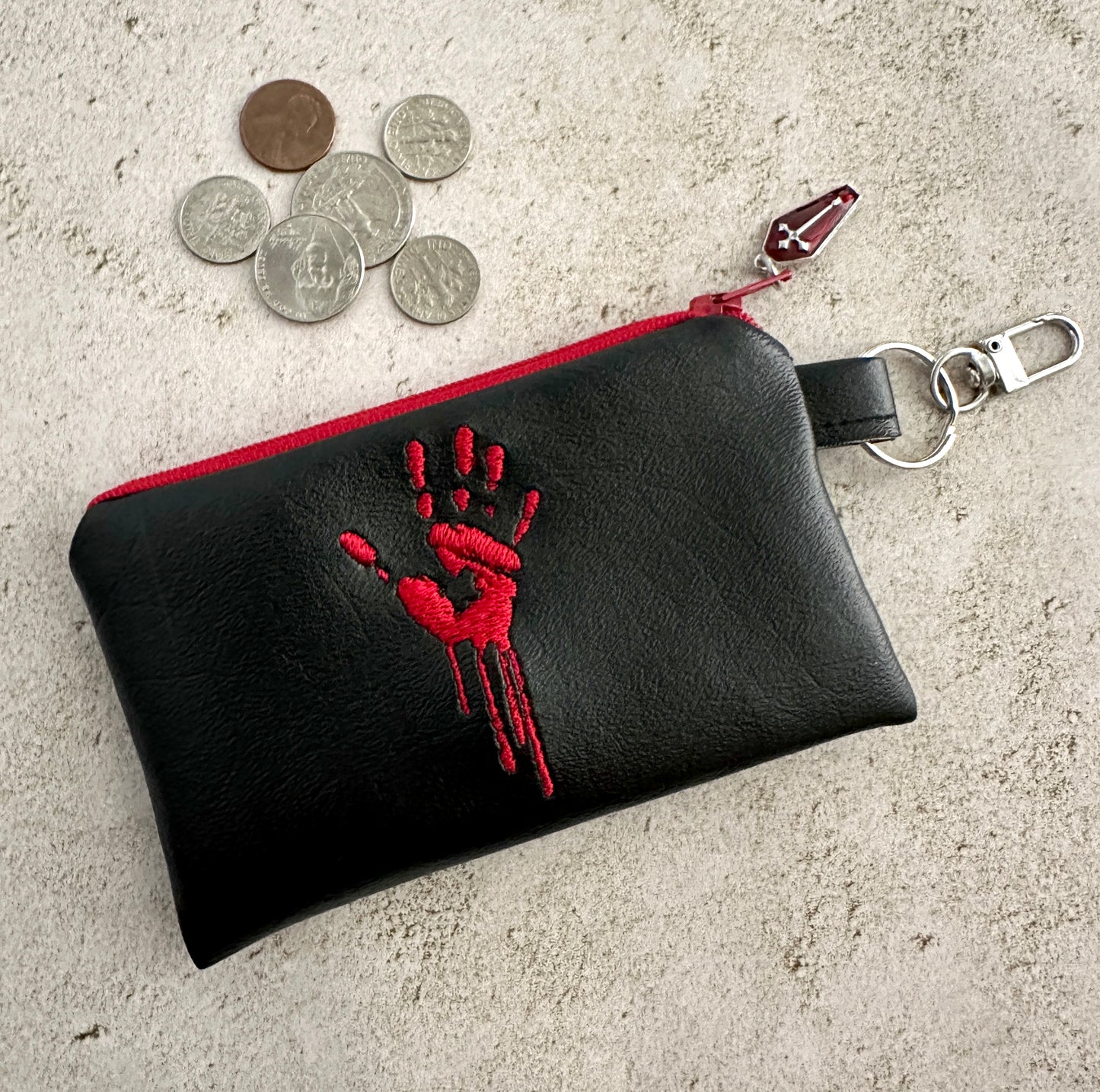 Bloody Handprint Vinyl Zipper Pouch – Horror Lover Gift for Cash, Cards & Earbuds