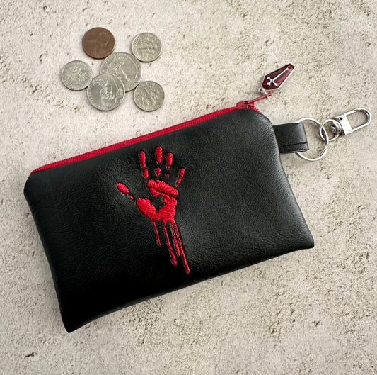 Bloody Handprint Vinyl Zipper Pouch – Horror Lover Gift for Cash, Cards & Earbuds