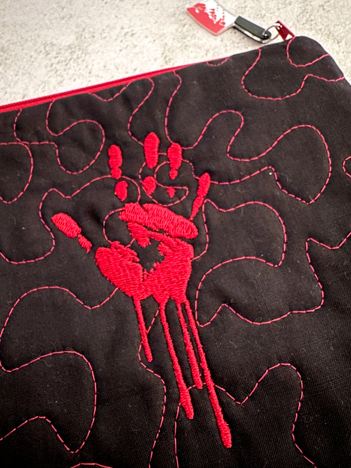 Quilted Bloody Handprint Zipper Pouch – Horror Lover Cosmetic Bag & True Crime Gift