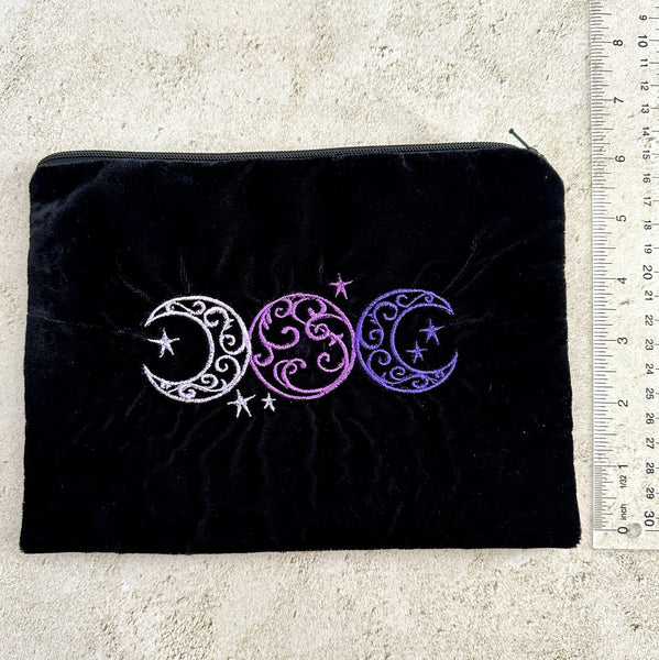 Witchy Triple Moon Embroidered Velvet Tarot Bag With Zipper & Satin Lining