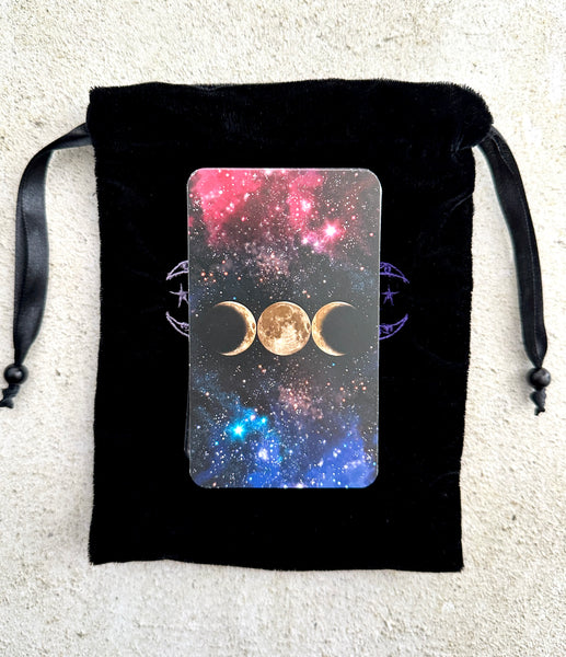 Triple Moon Black Velvet Embroidered Tarot and Oracle Card Bag With Satin Lining