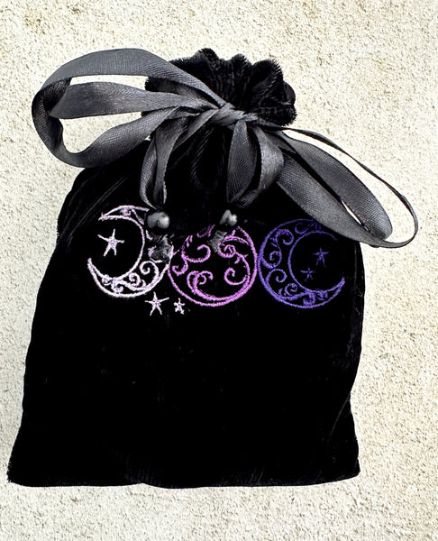 Triple Moon Black Velvet Embroidered Tarot and Oracle Card Bag With Satin Lining
