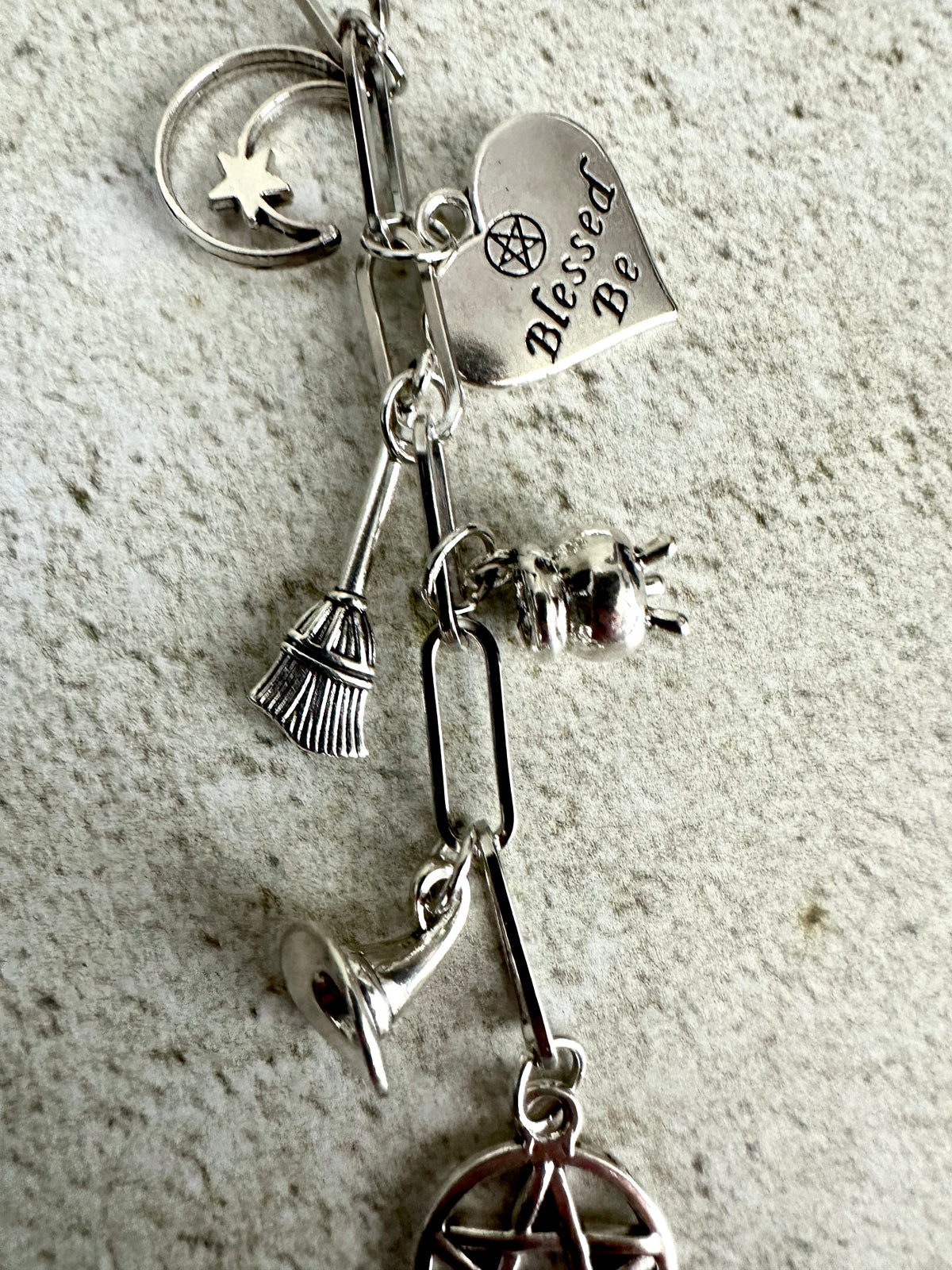 Witchy Bag Charm Keychain – Silver Pentacle, Moon, Witch Hat & Star Charm for Witches