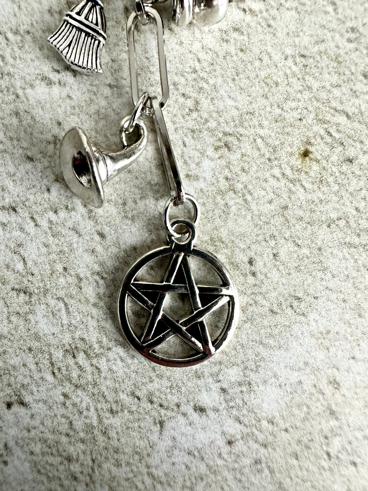 Witchy Bag Charm Keychain – Silver Pentacle, Moon, Witch Hat & Star Charm for Witches