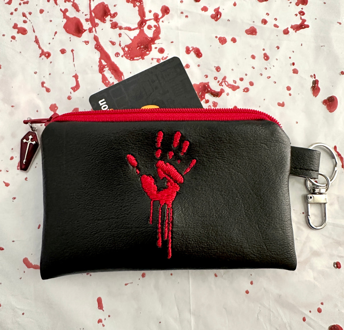 Bloody Handprint Vinyl Zipper Pouch – Horror Lover Gift for Cash, Cards & Earbuds