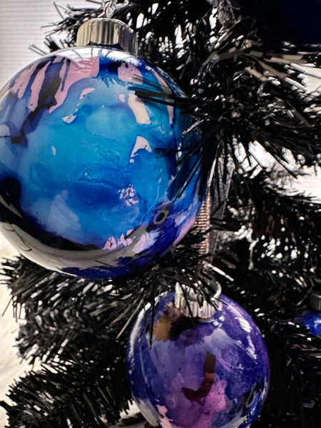 Hand Painted Glass Alcohol Ink Christmas Ornament – Purple Blue Pink White