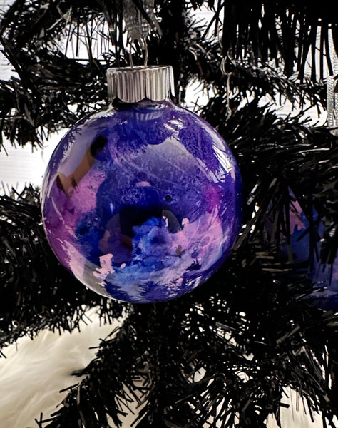 Hand Painted Glass Alcohol Ink Christmas Ornament – Purple Blue Pink White