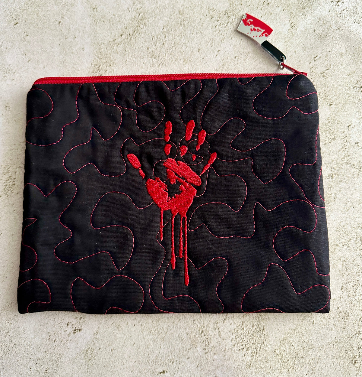 Quilted Bloody Handprint Zipper Pouch – Horror Lover Cosmetic Bag & True Crime Gift