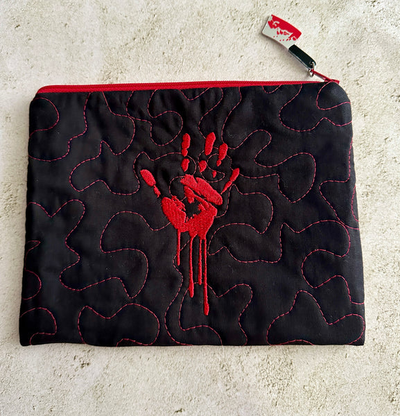 Quilted Horror Lover Bloody Handprint Embroidered Zipper Pouch - True Crime Cosmetic Bag