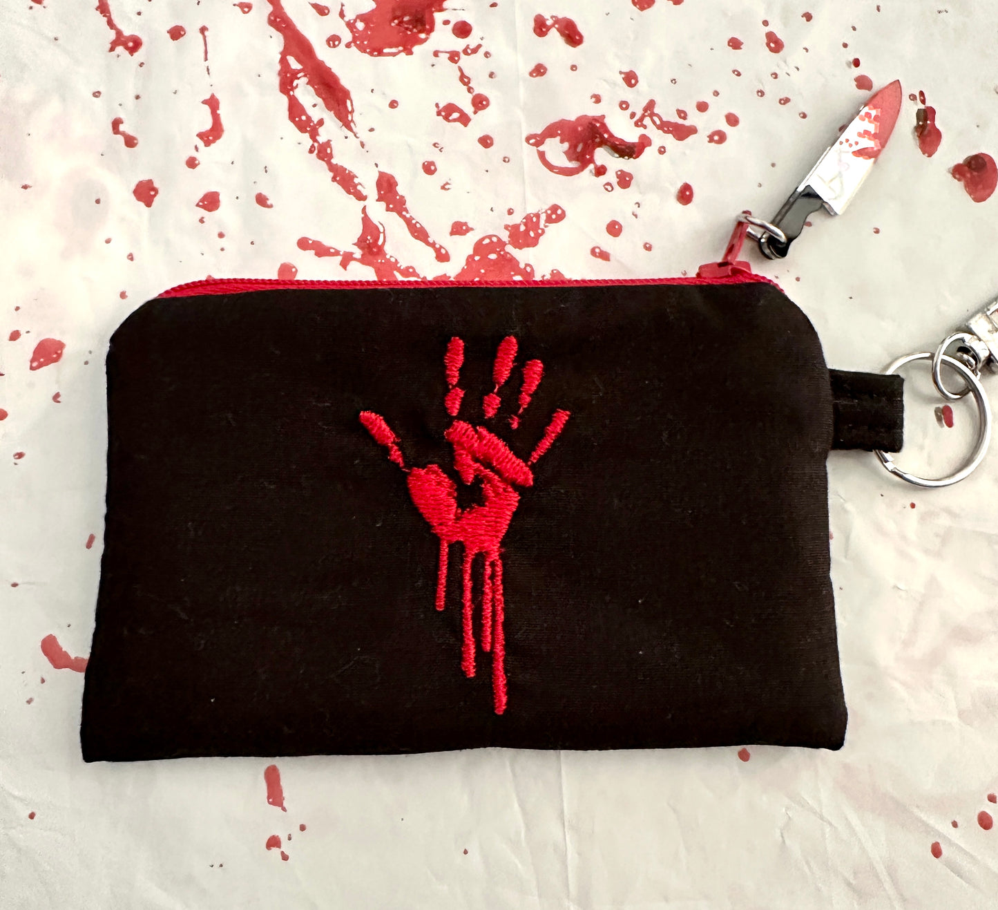 Bloody Handprint Cotton Zipper Pouch – Horror Lover Gift for Cash, Cards & Earbuds