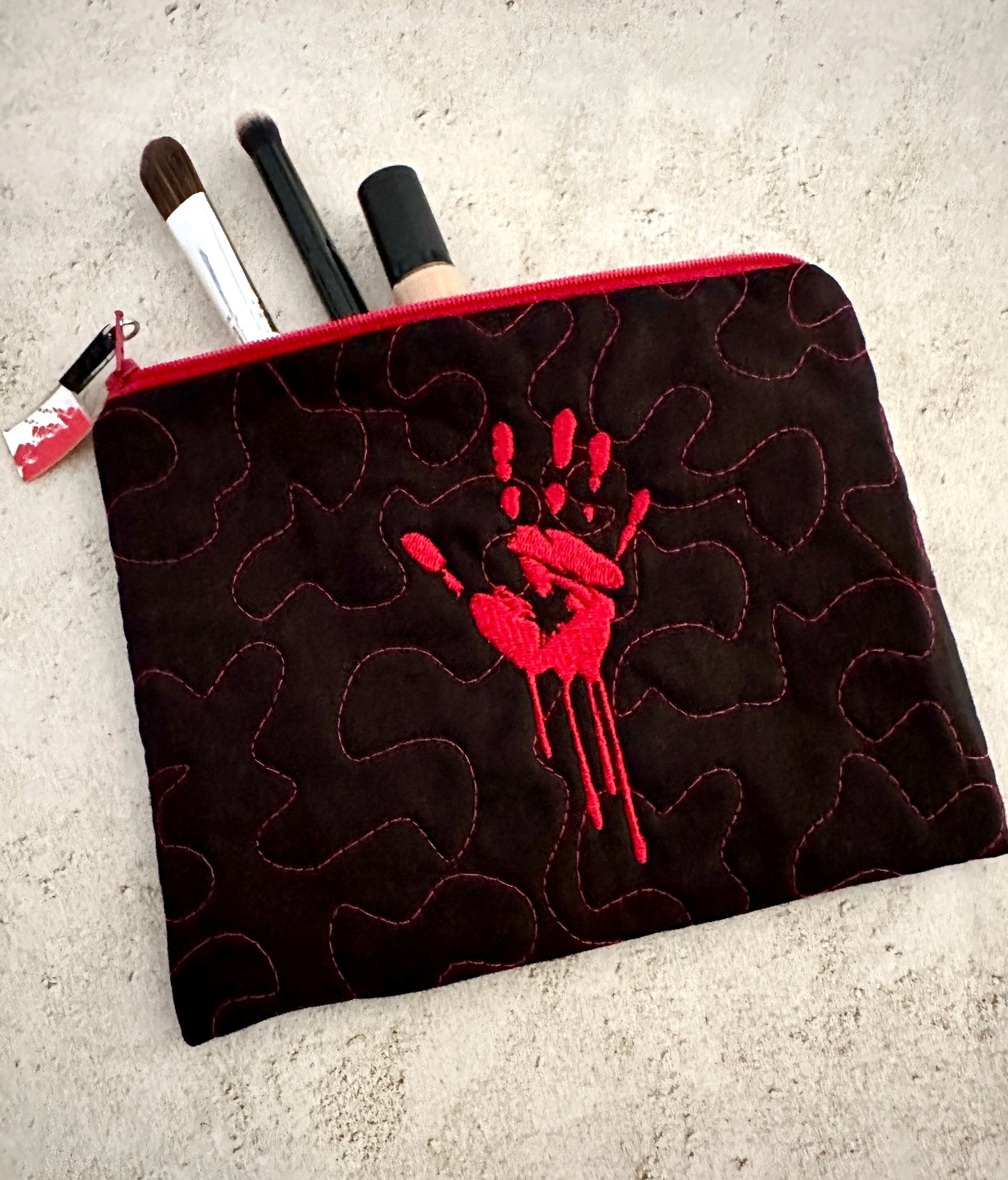 Quilted Bloody Handprint Zipper Pouch – Horror Lover Cosmetic Bag & True Crime Gift