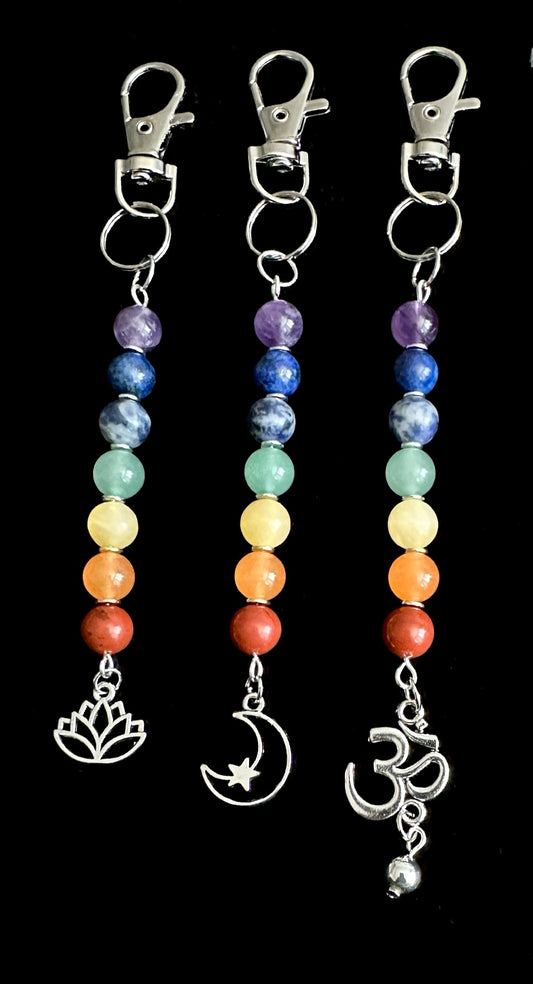 7 Chakra Crystal Gemstone Bag Charm – Reiki Infused Keychain with Silver Lotus, Moon or Om Charm
