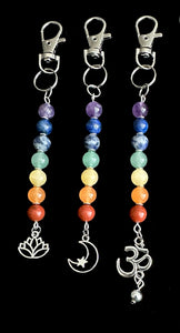 7 Chakra Crystal Gemstone Bag Charm Keychain - Choose Silver Lotus, Moon, Om Charm