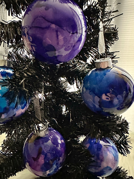 Hand Painted Glass Alcohol Ink Christmas Ornament – Purple Blue Pink White