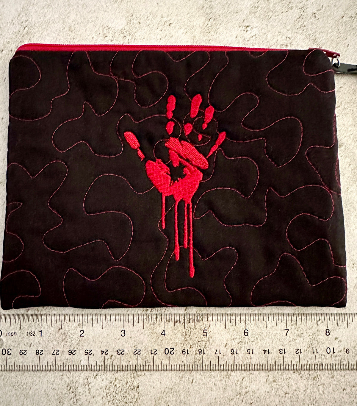Quilted Bloody Handprint Zipper Pouch – Horror Lover Cosmetic Bag & True Crime Gift