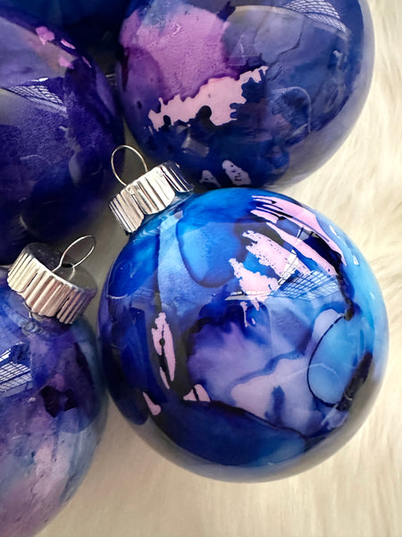 Hand Painted Glass Alcohol Ink Christmas Ornament – Purple Blue Pink White