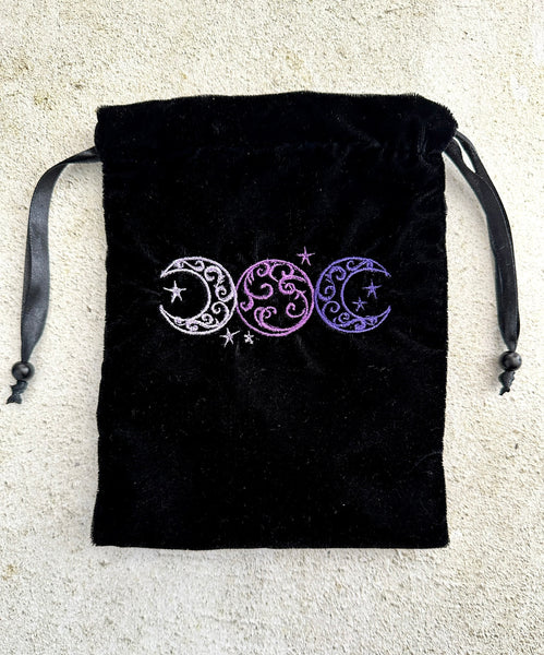 Triple Moon Black Velvet Embroidered Tarot and Oracle Card Bag With Satin Lining