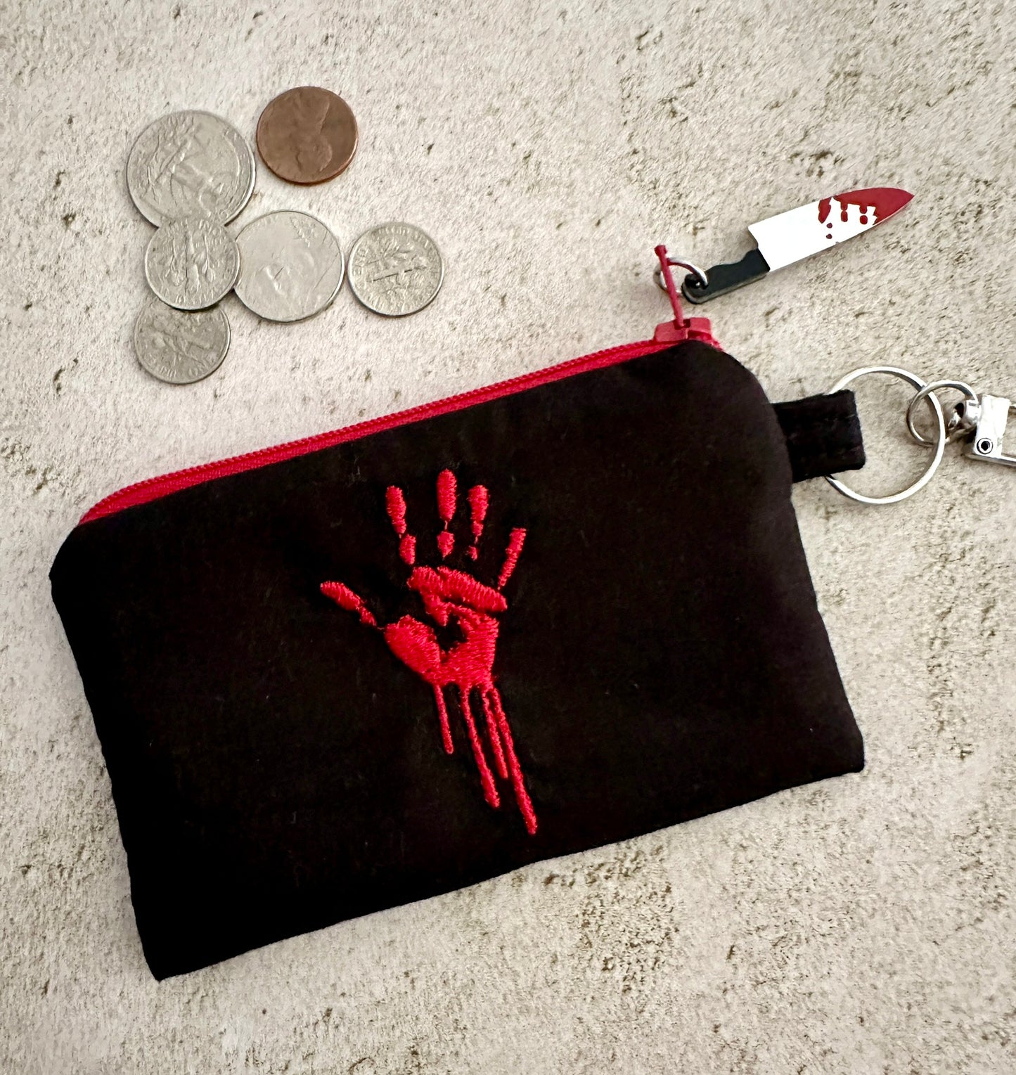 Bloody Handprint Cotton Zipper Pouch – Horror Lover Gift for Cash, Cards & Earbuds
