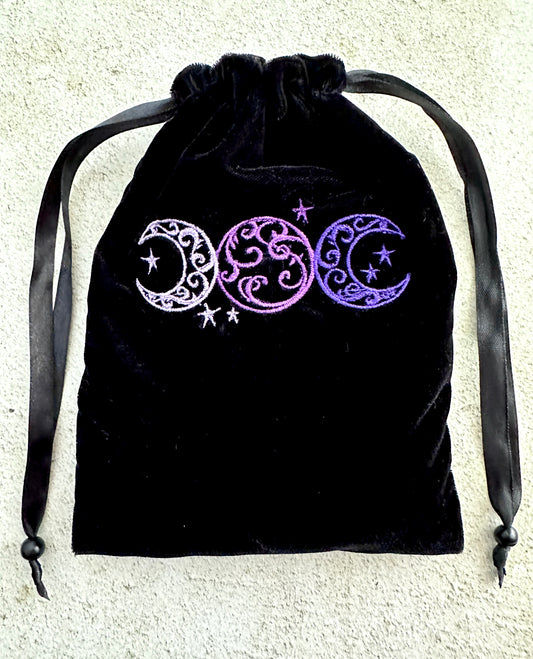 Triple Moon Velvet Tarot Bag with Drawstring – Witchy Gift for Tarot & Oracle Lovers