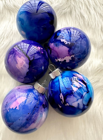 Hand Painted Glass Alcohol Ink Christmas Ornament – Purple Blue Pink White