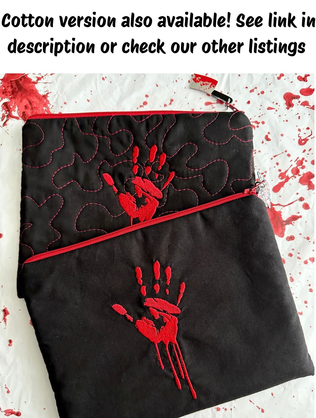 Quilted Bloody Handprint Zipper Pouch – Horror Lover Cosmetic Bag & True Crime Gift