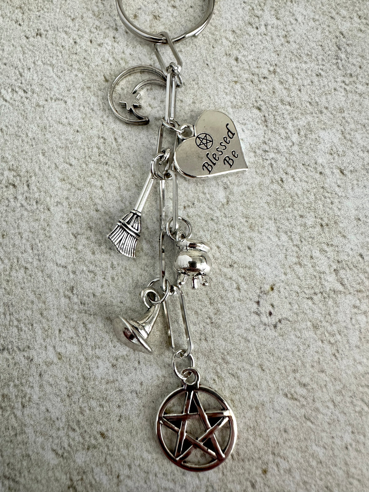 Witchy Bag Charm Keychain – Silver Pentacle, Moon, Witch Hat & Star Charm for Witches