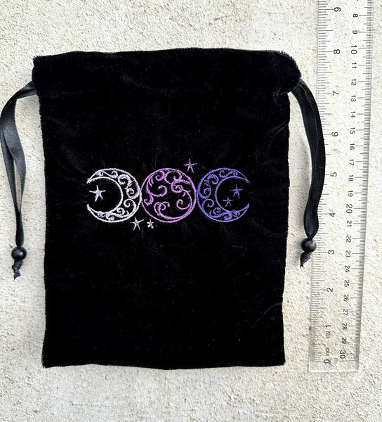 Triple Moon Black Velvet Embroidered Tarot and Oracle Card Bag With Satin Lining