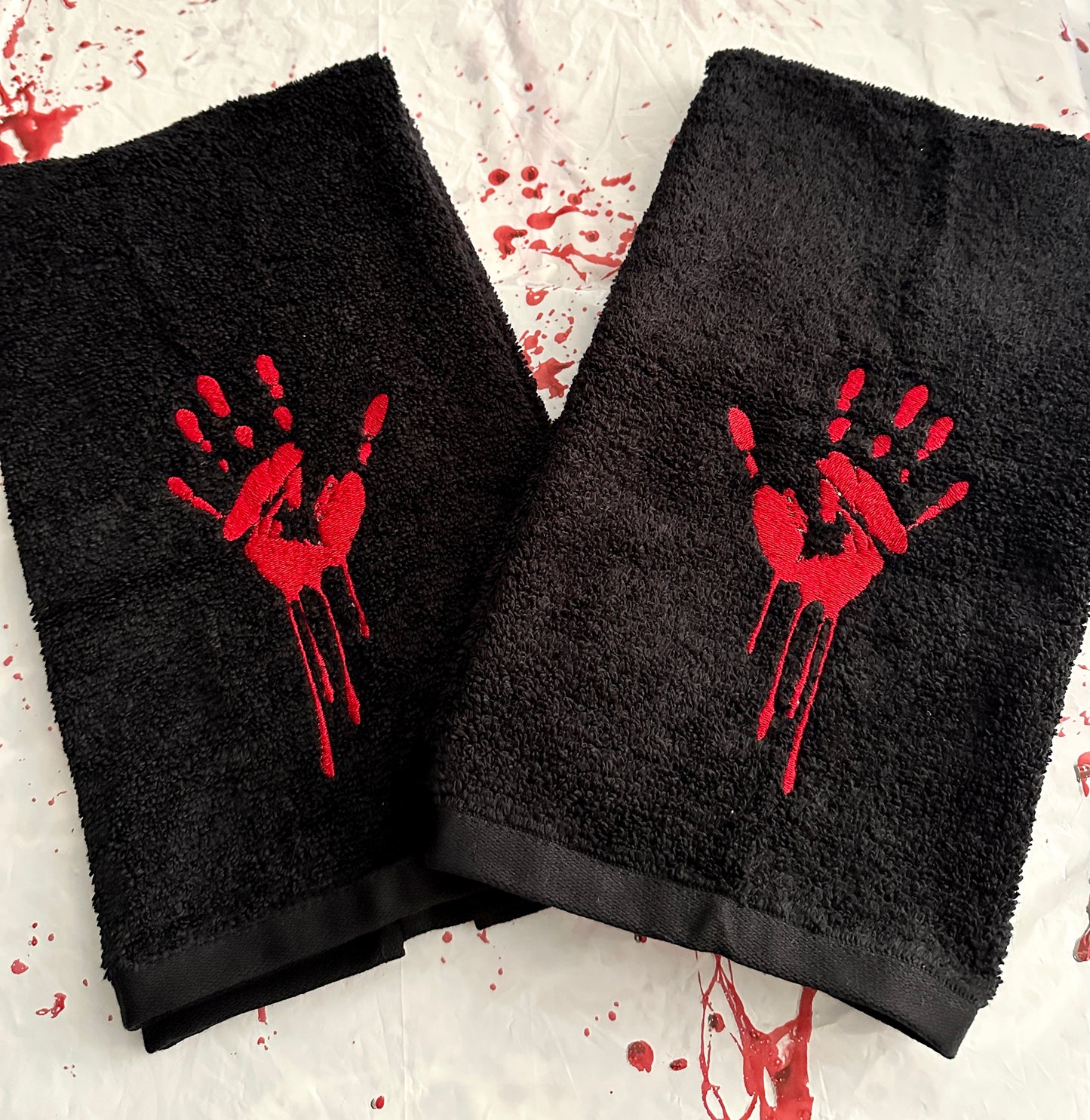 Bloody Handprint Embroidered Hand Towel – Spooky Gift for Horror Lovers & True Crime Fans