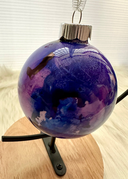 Hand Painted Glass Alcohol Ink Christmas Ornament – Purple Blue Pink White