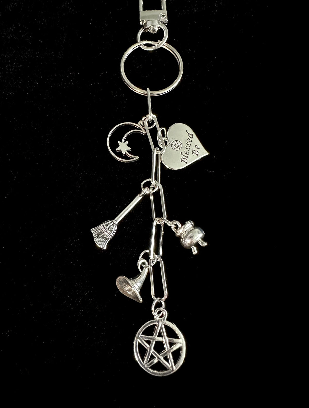 Witchy Bag Charm Keychain – Silver Pentacle, Moon, Witch Hat & Star Charm for Witches