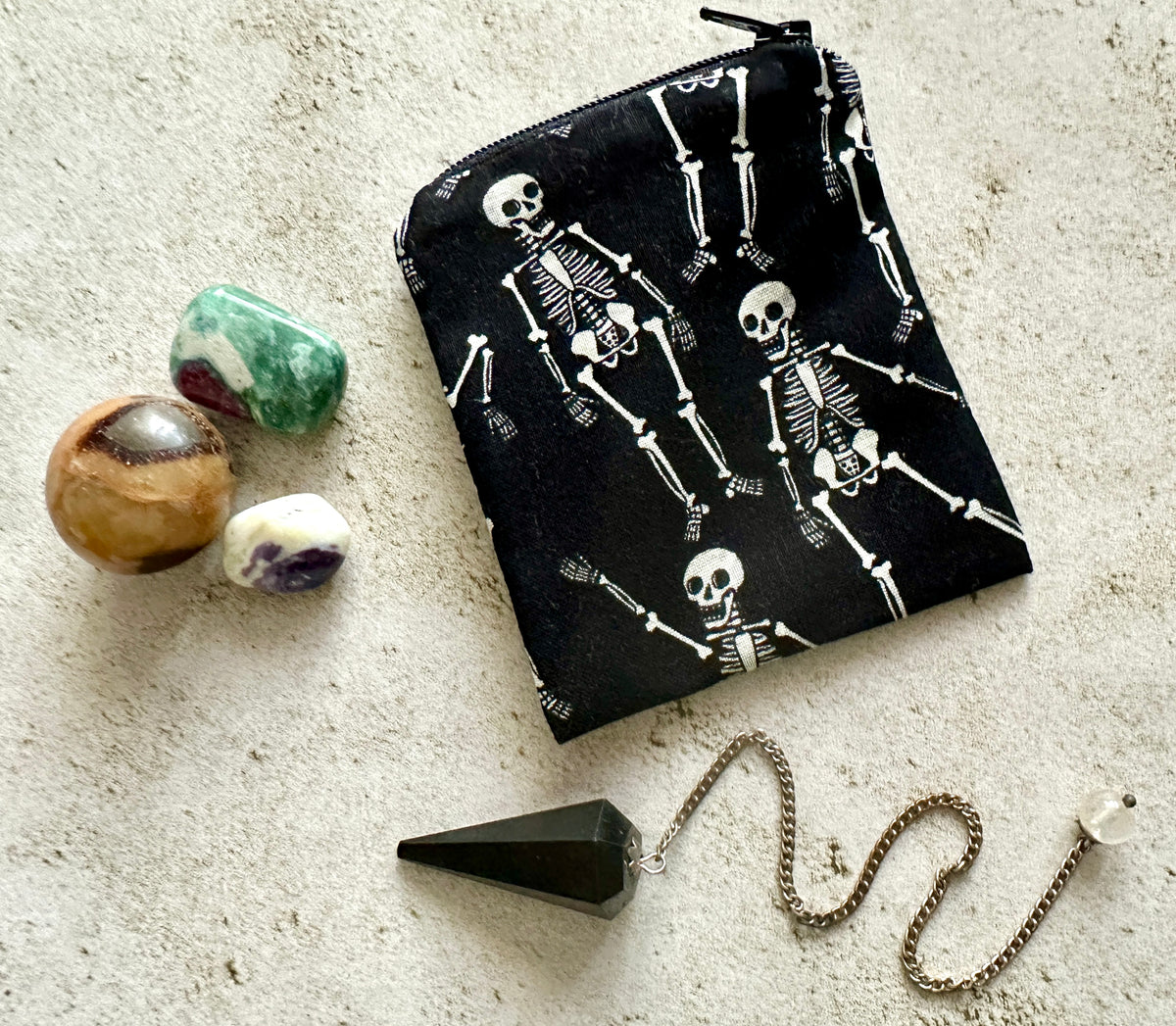 Skeleton Mojo Bag – Spooky Fabric Pouch for Crystals, Coins, Candy & Earbuds